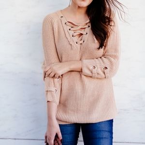 🆕️ Tan~Sugar & Spice Lace Up Sweater
